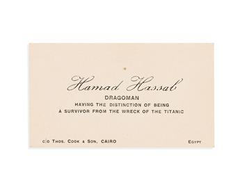 (TITANIC.) Business card of Titanic survivor Hamad Hassab with related papers.